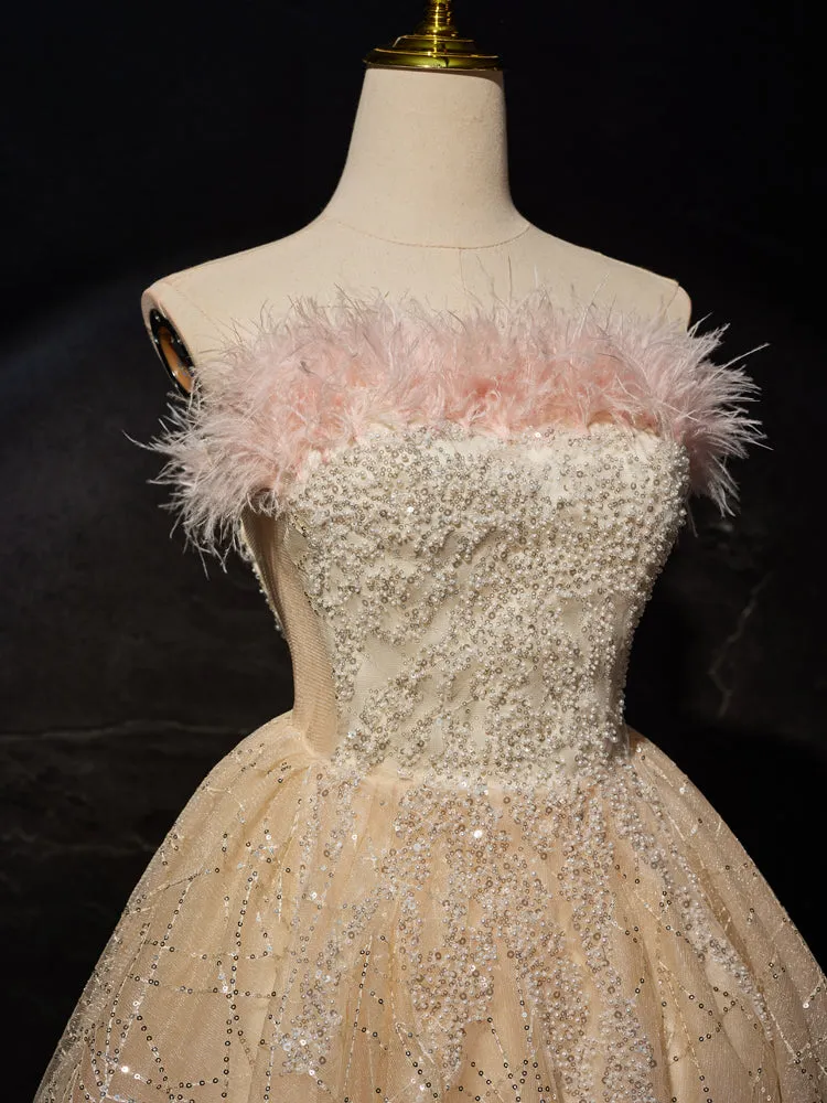 New Arrival A Line Strapless Short Homecoming Dresses with Feathers