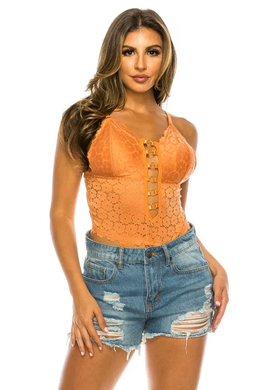 Orange Floral Pattern Lace Bodysuit with Strap Detail