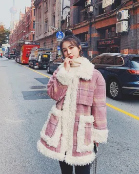 Pink Plaid Retro Lamb Wool Loose Loop Women's Coat