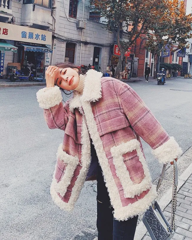 Pink Plaid Retro Lamb Wool Loose Loop Women's Coat