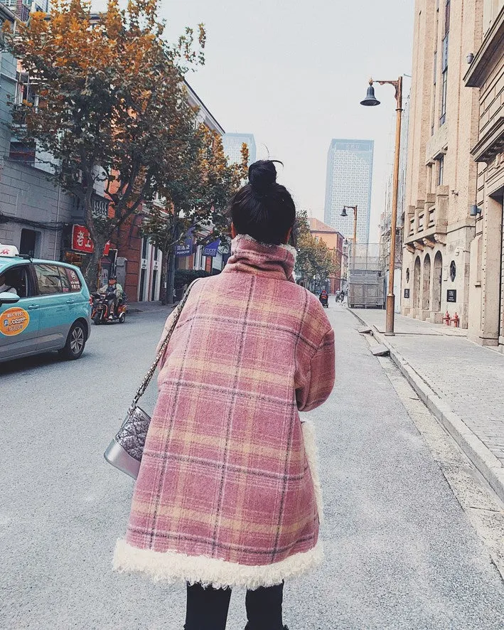 Pink Plaid Retro Lamb Wool Loose Loop Women's Coat