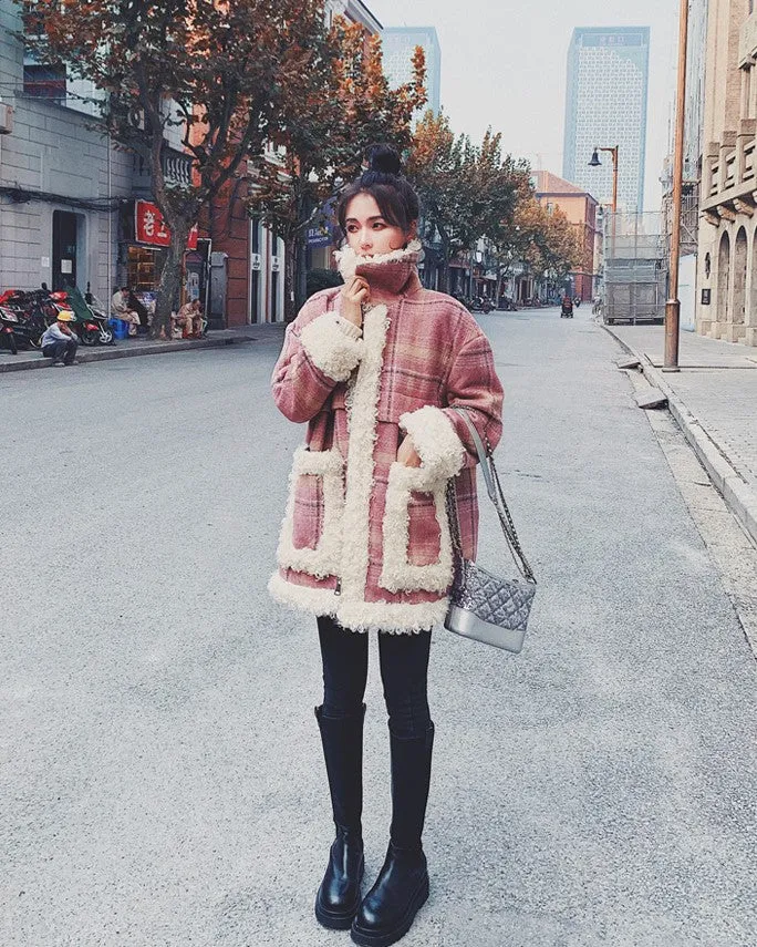 Pink Plaid Retro Lamb Wool Loose Loop Women's Coat