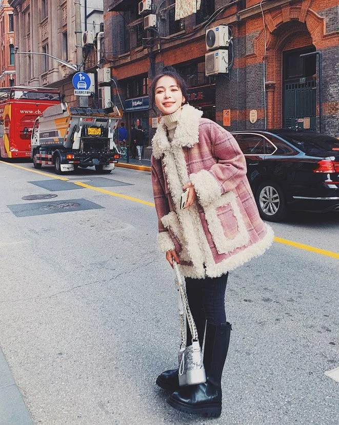 Pink Plaid Retro Lamb Wool Loose Loop Women's Coat