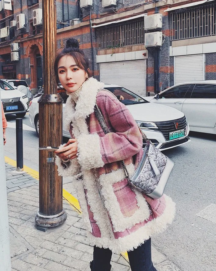 Pink Plaid Retro Lamb Wool Loose Loop Women's Coat