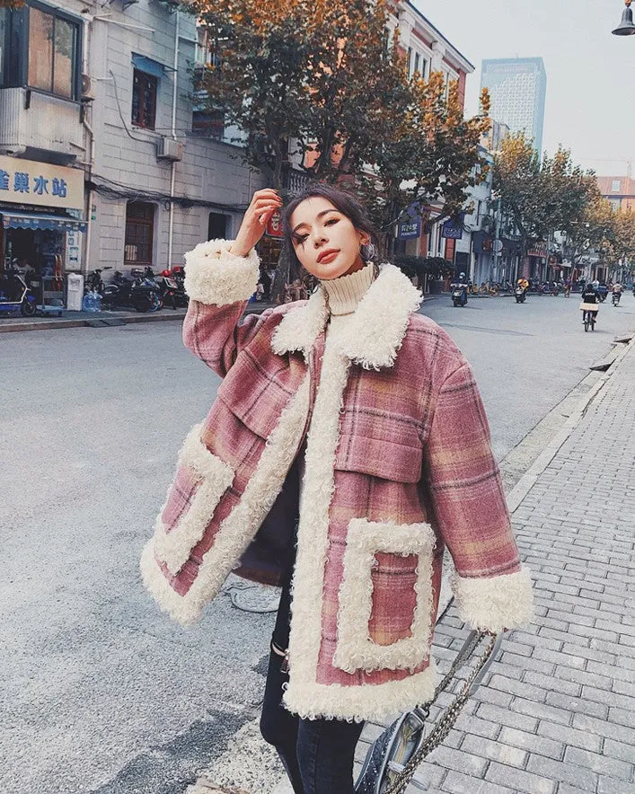 Pink Plaid Retro Lamb Wool Loose Loop Women's Coat