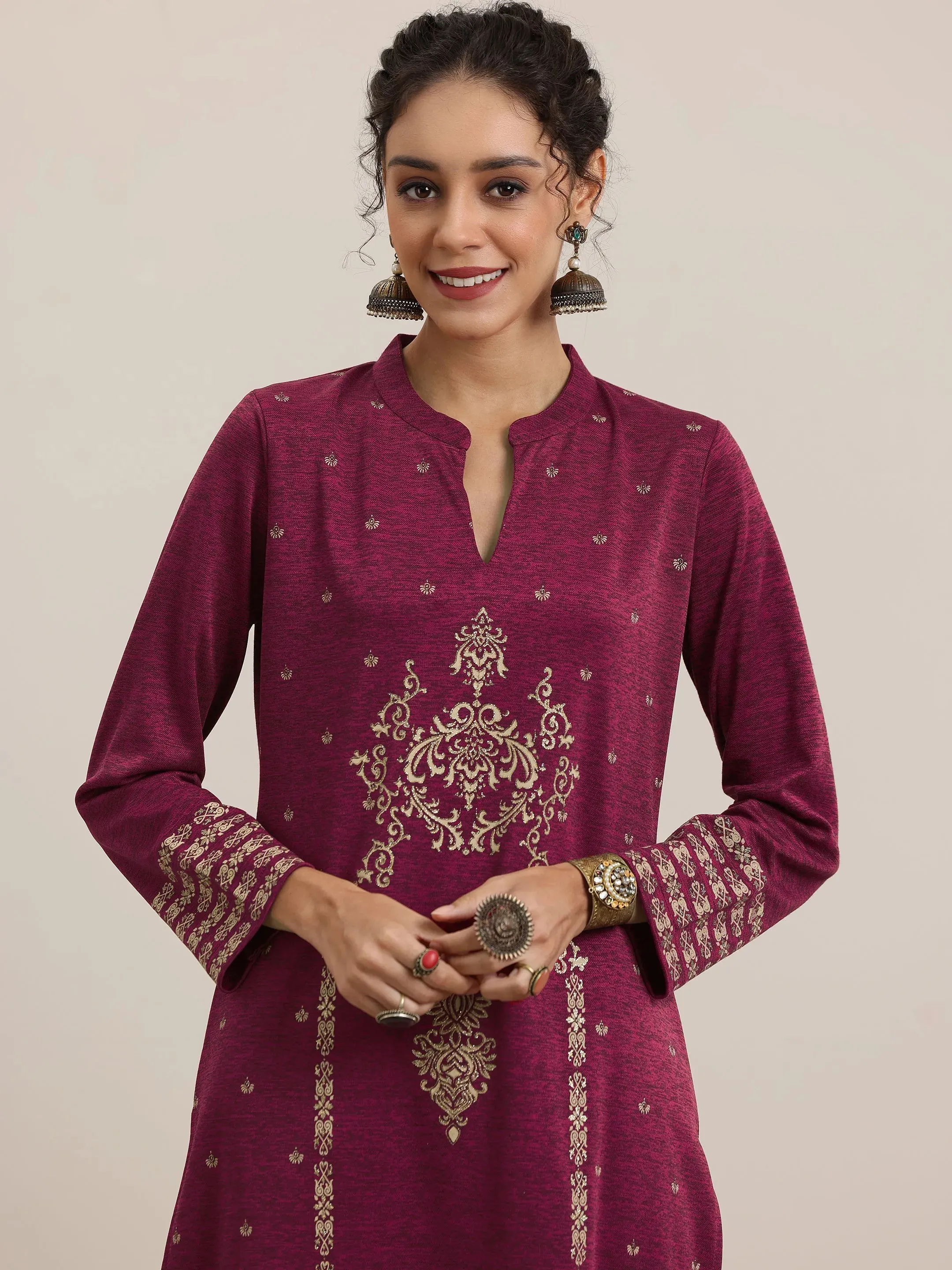Pink Woven Design Wool Blend Straight Suit With Dupatta