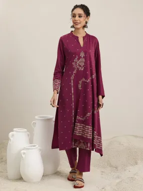 Pink Woven Design Wool Blend Straight Suit With Dupatta