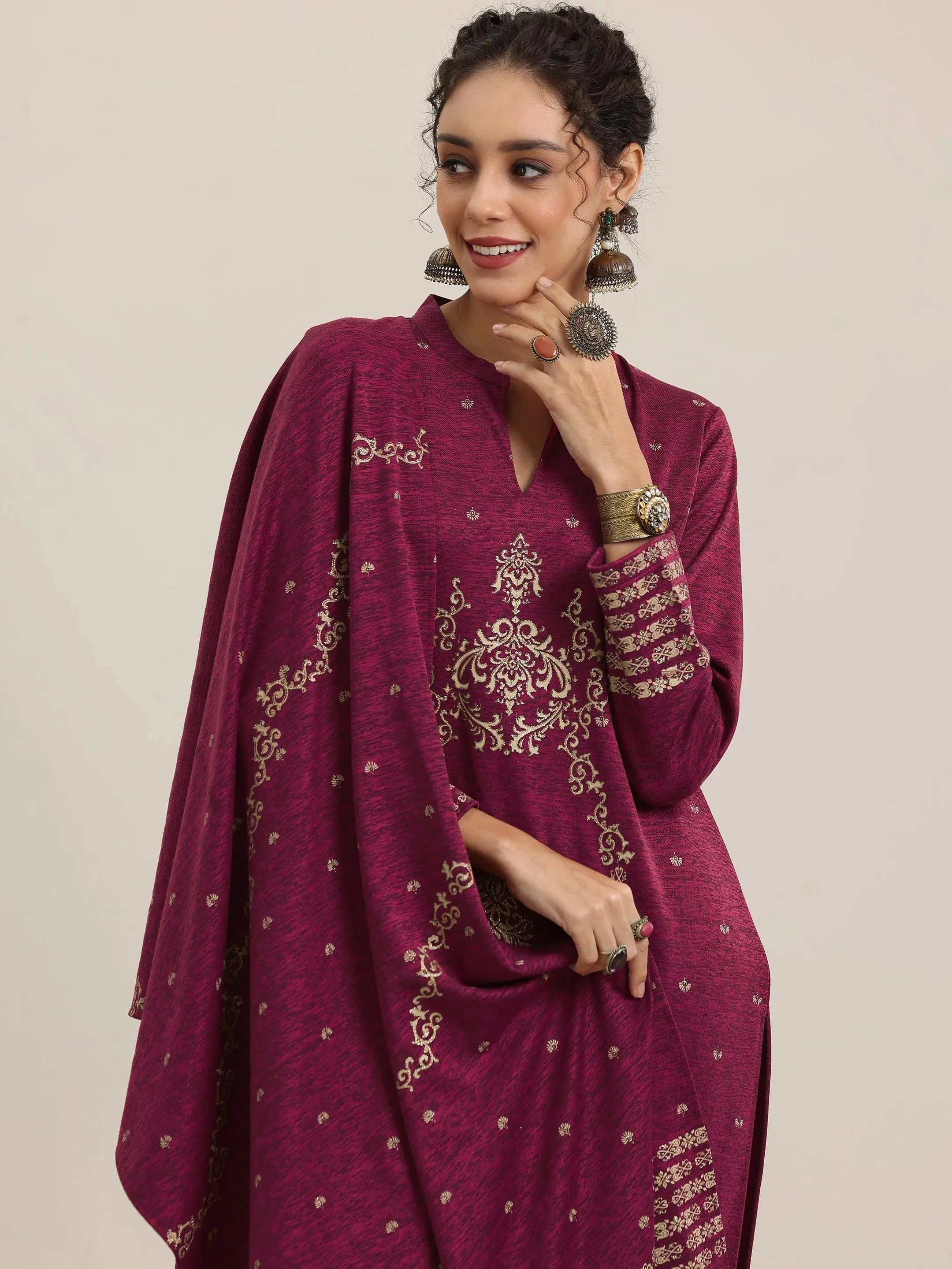 Pink Woven Design Wool Blend Straight Suit With Dupatta