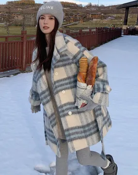 Plaid Retro Woolen High-End Velvet Thickened Winter Women's Coat