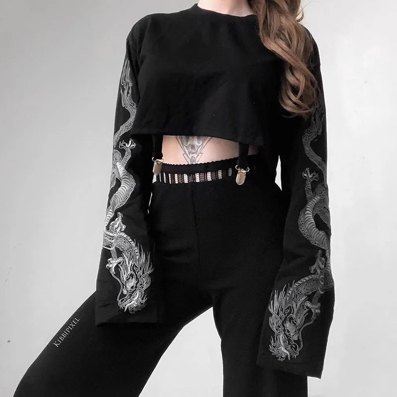 Polyester Fiber Girl's Dark Dragon Pattern Long-sleeved Sweater Women's Short Hip Loose Top