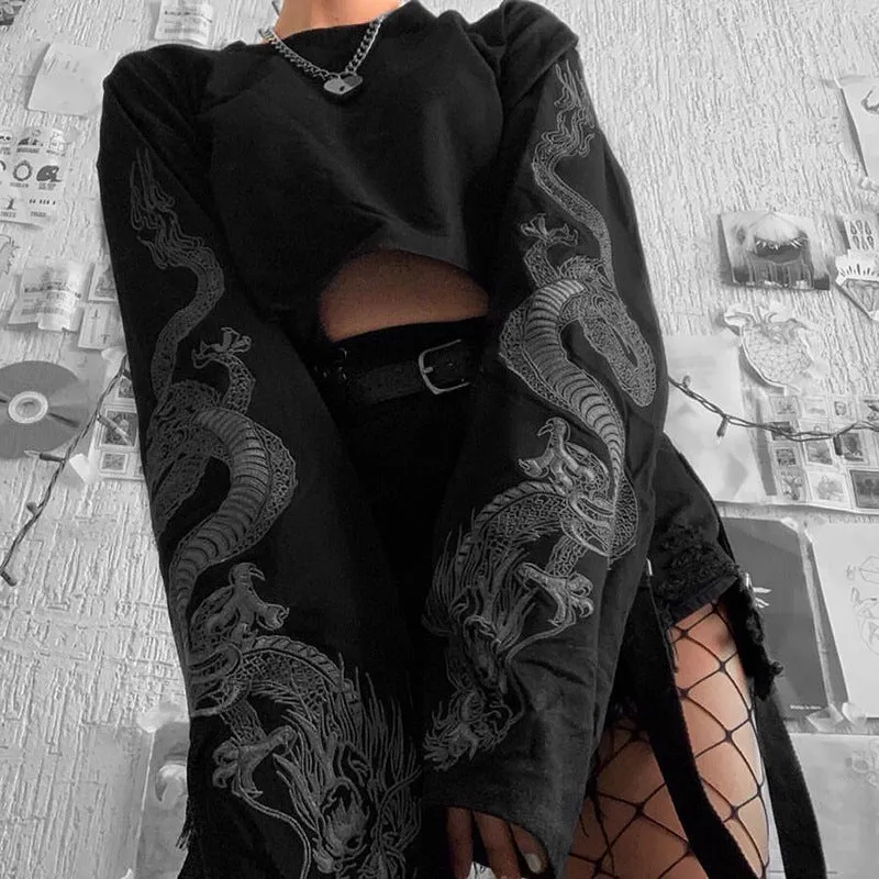 Polyester Fiber Girl's Dark Dragon Pattern Long-sleeved Sweater Women's Short Hip Loose Top