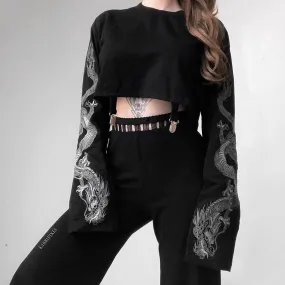 Polyester Fiber Girl's Dark Dragon Pattern Long-sleeved Sweater Women's Short Hip Loose Top