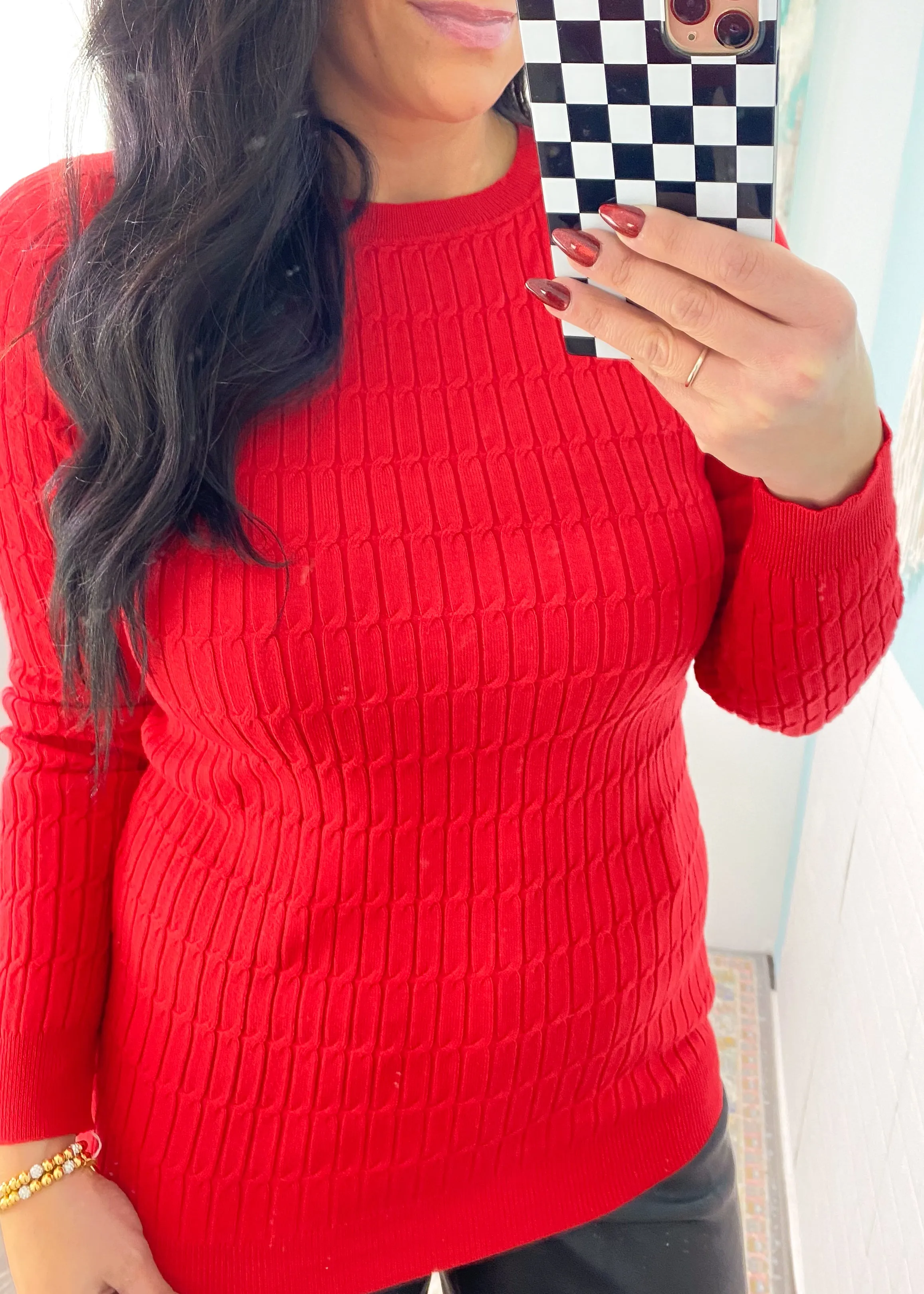 'Prime Time' Red Cable Knit Fitted Sweater