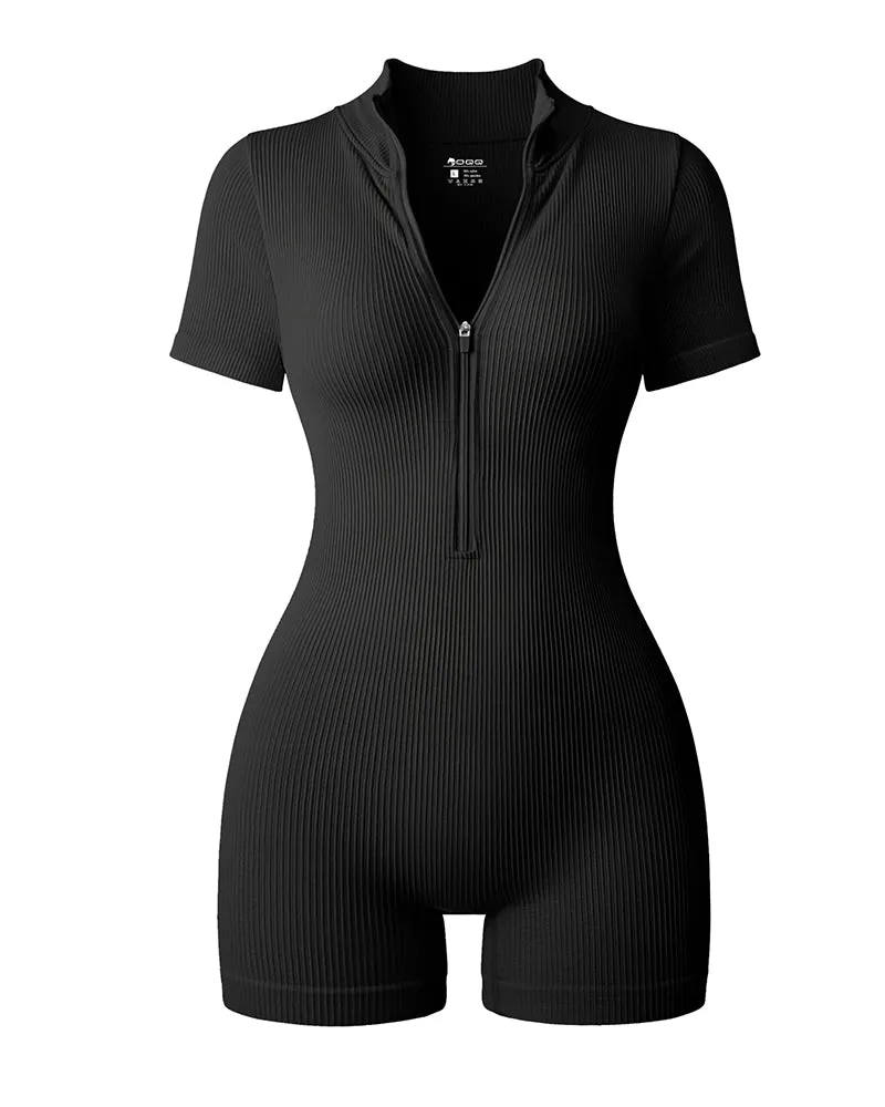 Ribbed Short Sleeve Zip Front Stretch Tummy Control Yoga Workout Rompers