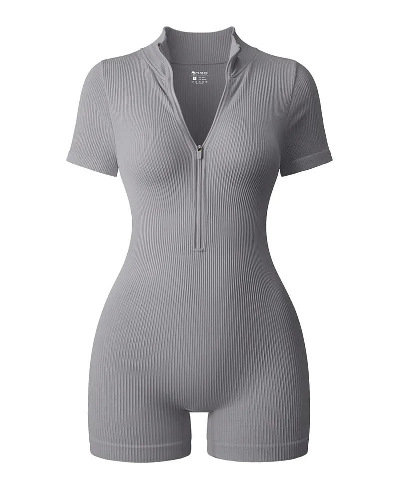 Ribbed Short Sleeve Zip Front Stretch Tummy Control Yoga Workout Rompers