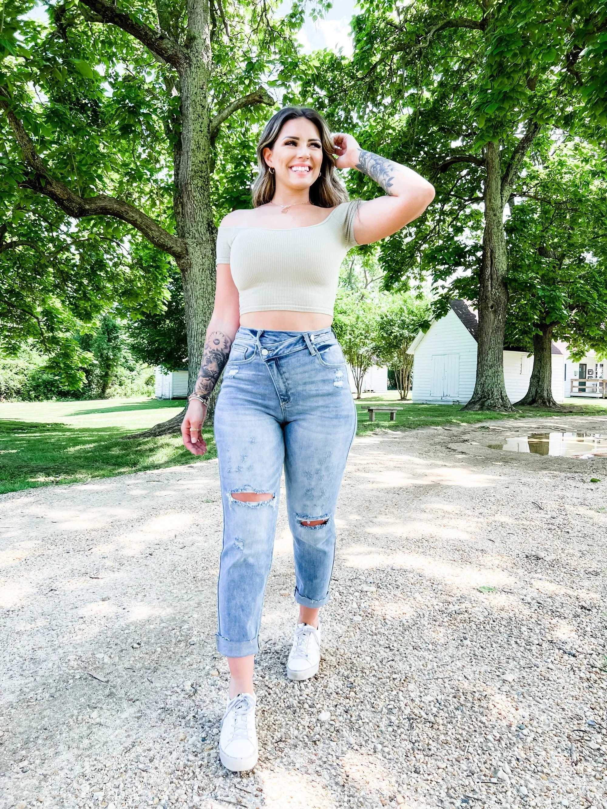 Risen Medium Wash Boyfriend Crossover Jeans