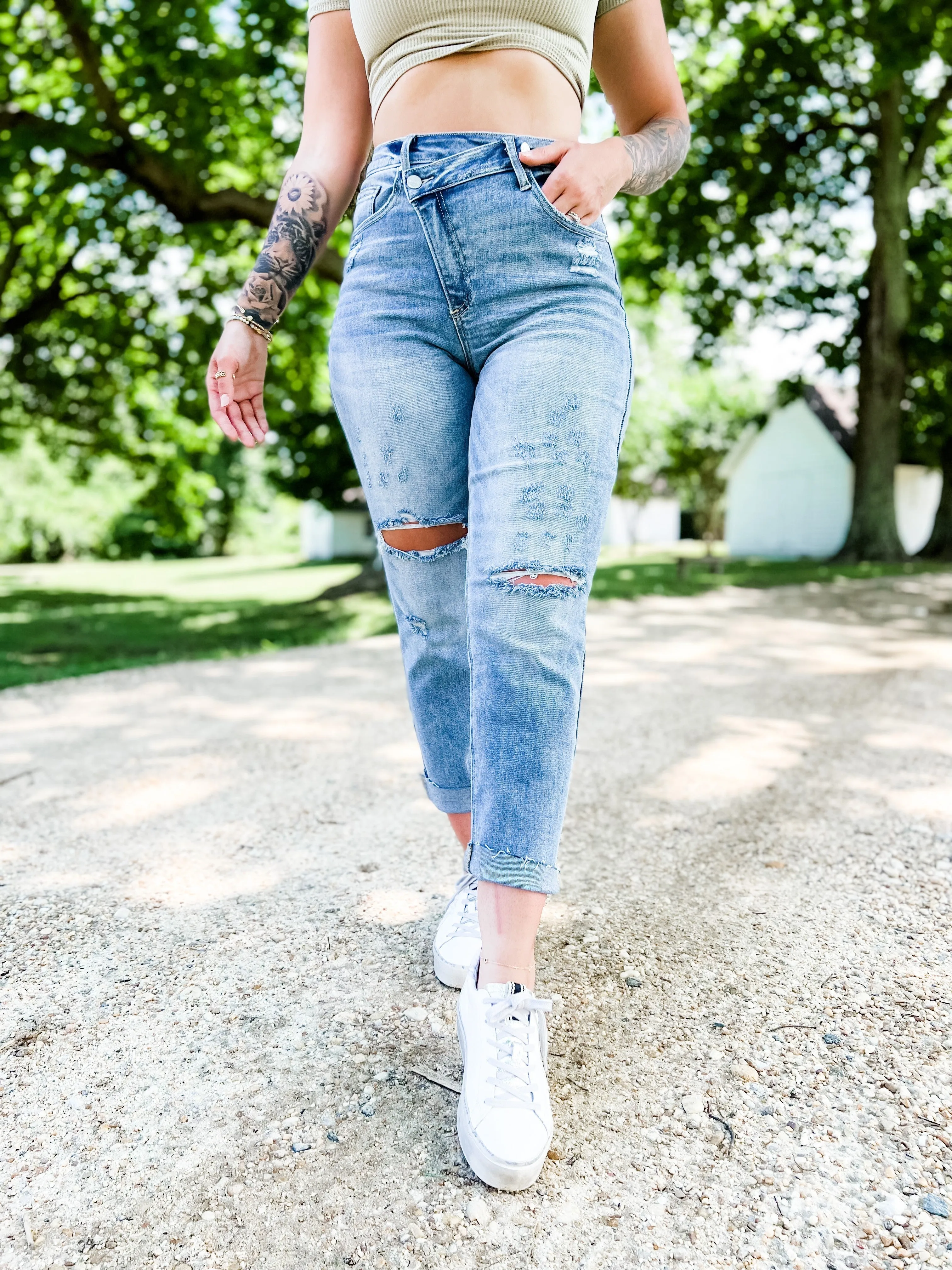 Risen Medium Wash Boyfriend Crossover Jeans