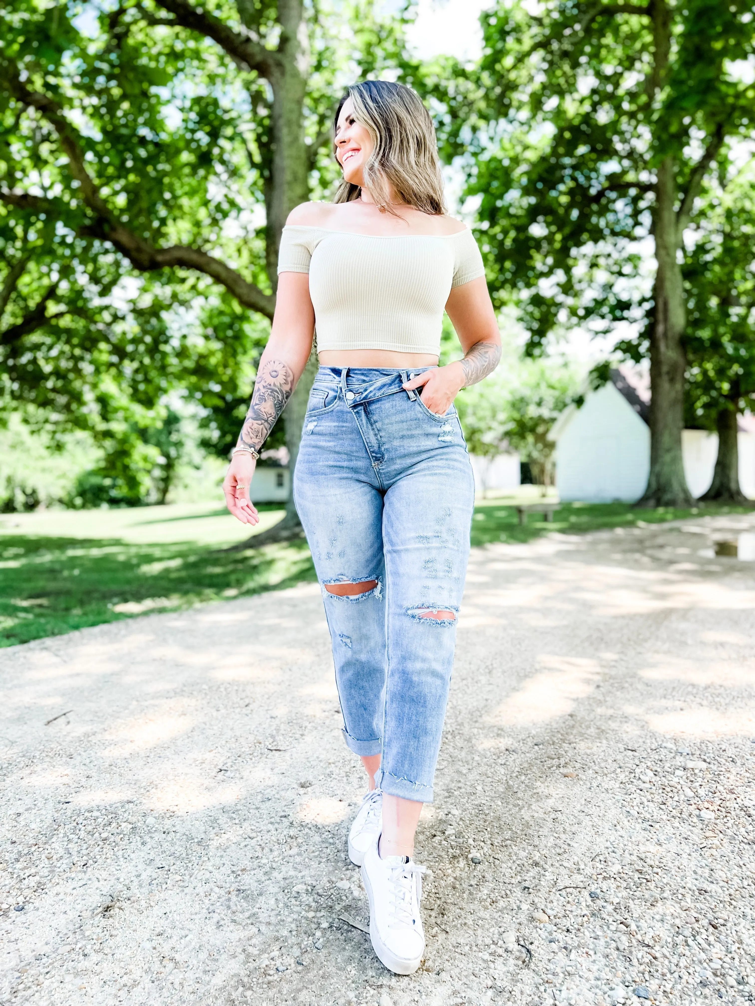 Risen Medium Wash Boyfriend Crossover Jeans