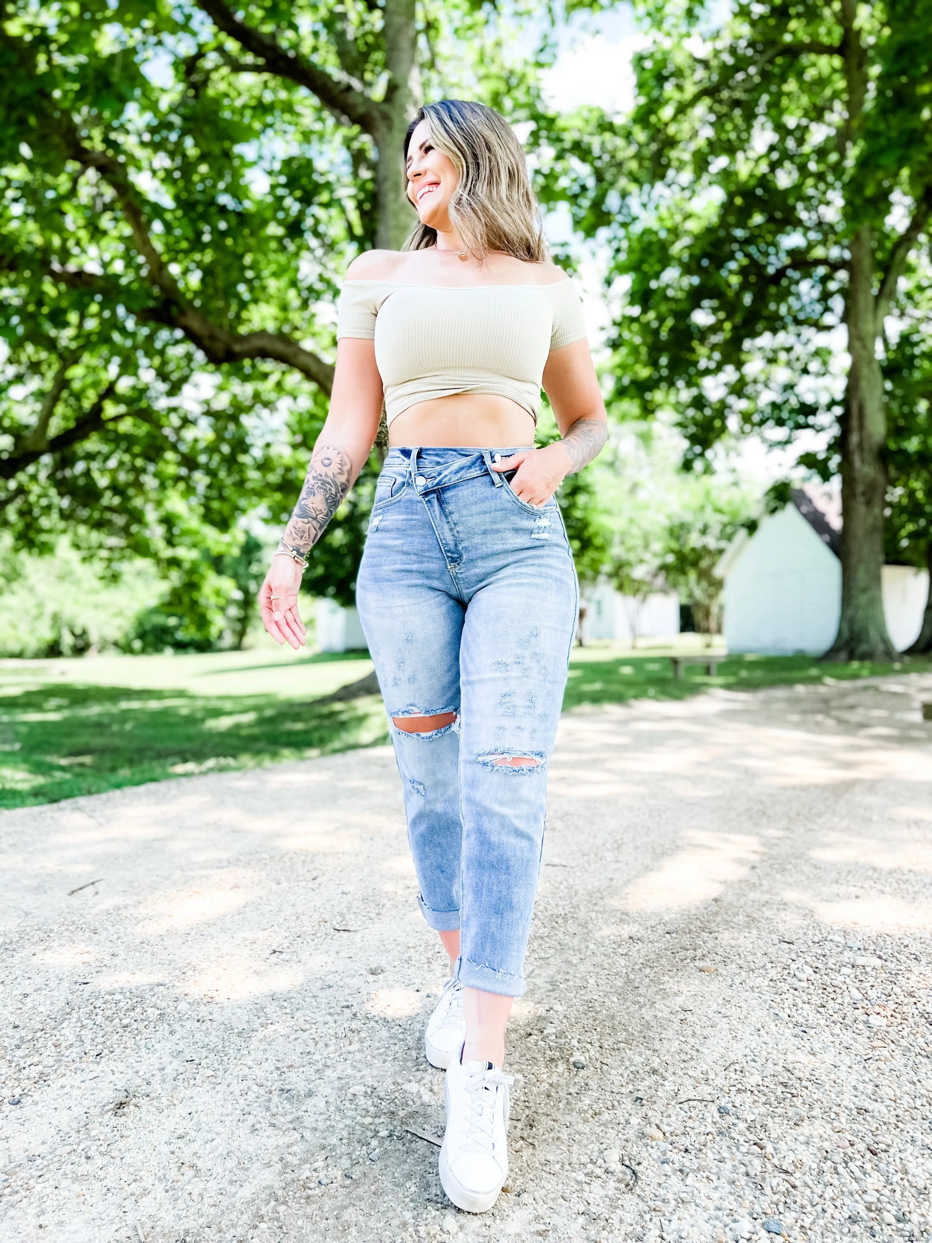 Risen Medium Wash Boyfriend Crossover Jeans