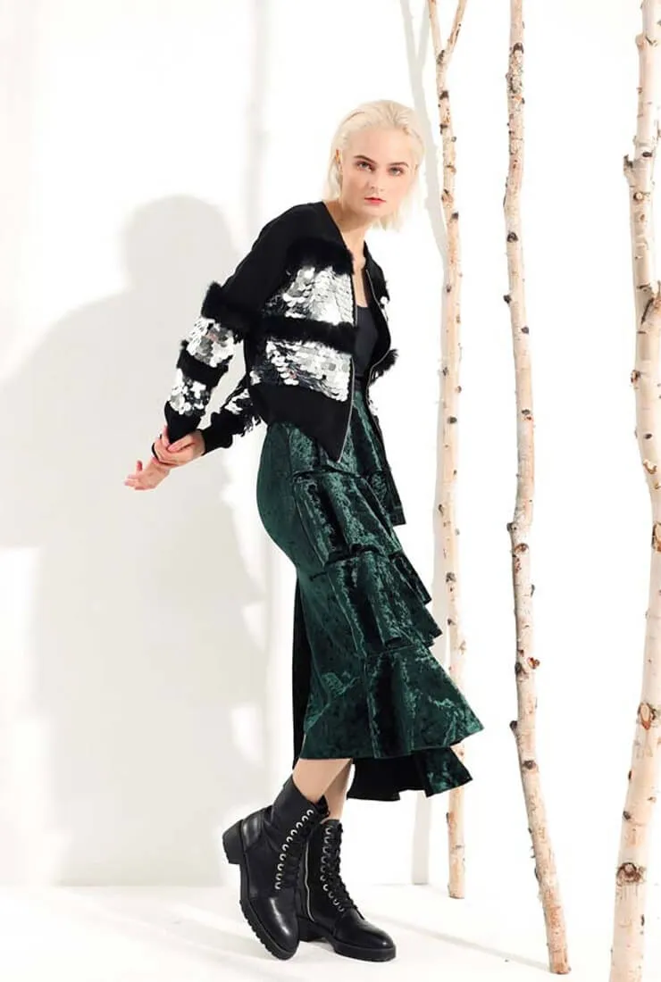 Ruffled Velvet Mid-length Skirt
