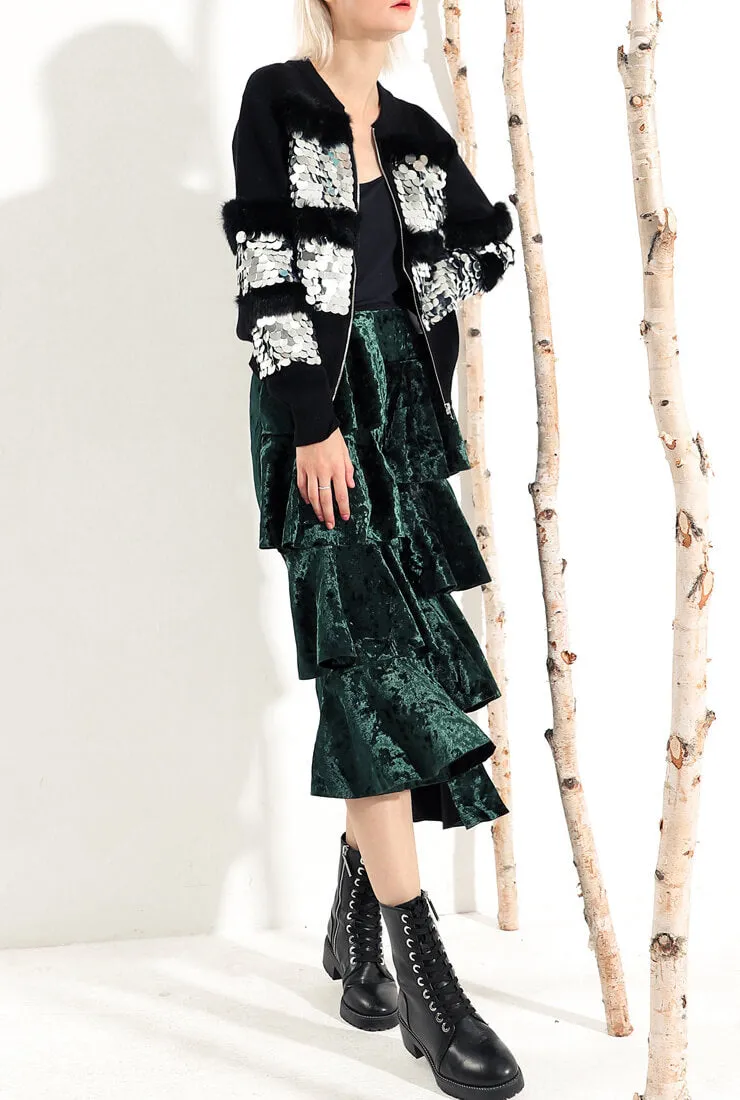 Ruffled Velvet Mid-length Skirt