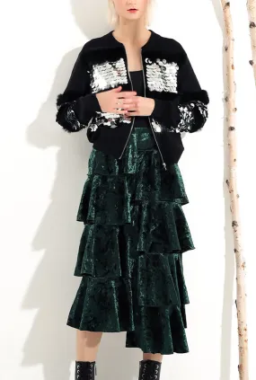 Ruffled Velvet Mid-length Skirt