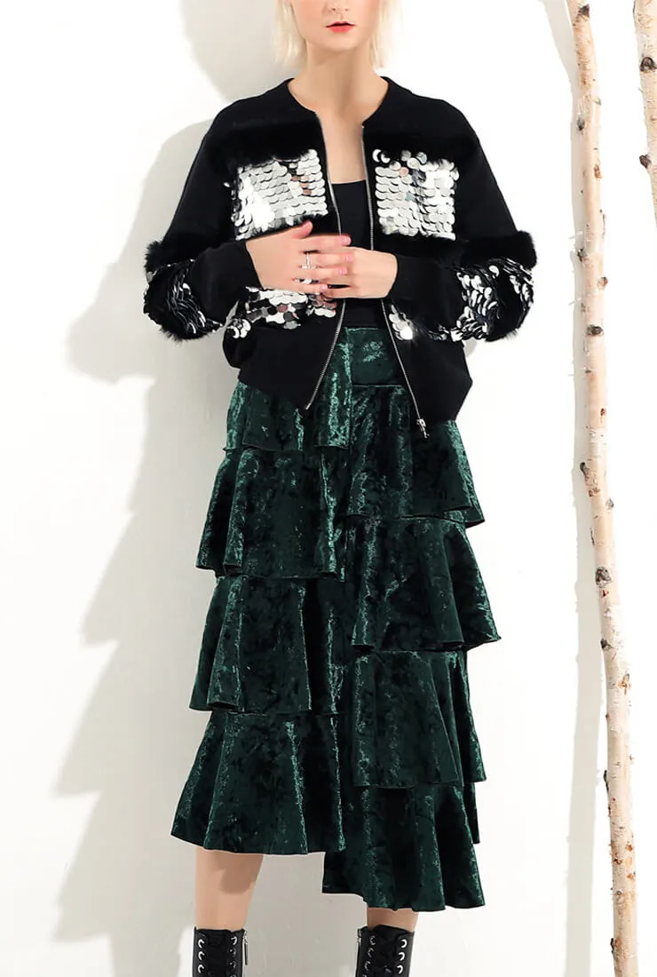 Ruffled Velvet Mid-length Skirt