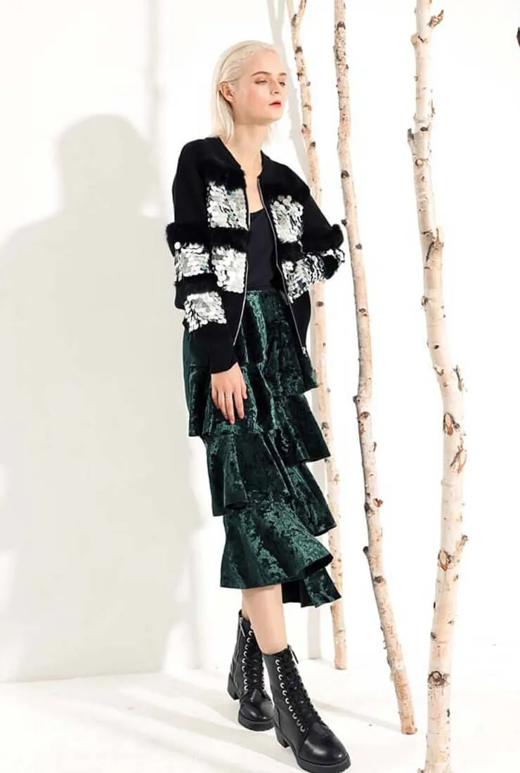 Ruffled Velvet Mid-length Skirt
