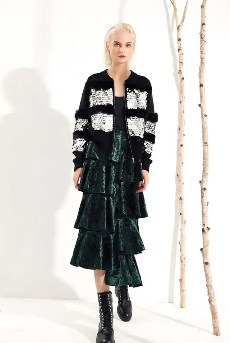 Ruffled Velvet Mid-length Skirt