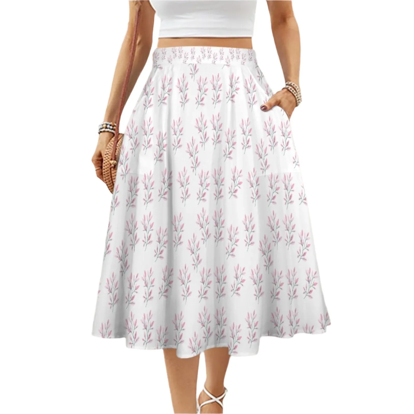 Simple Pink Leaves Mid Length Skirt with Pockets up to 5 XL (FWS)