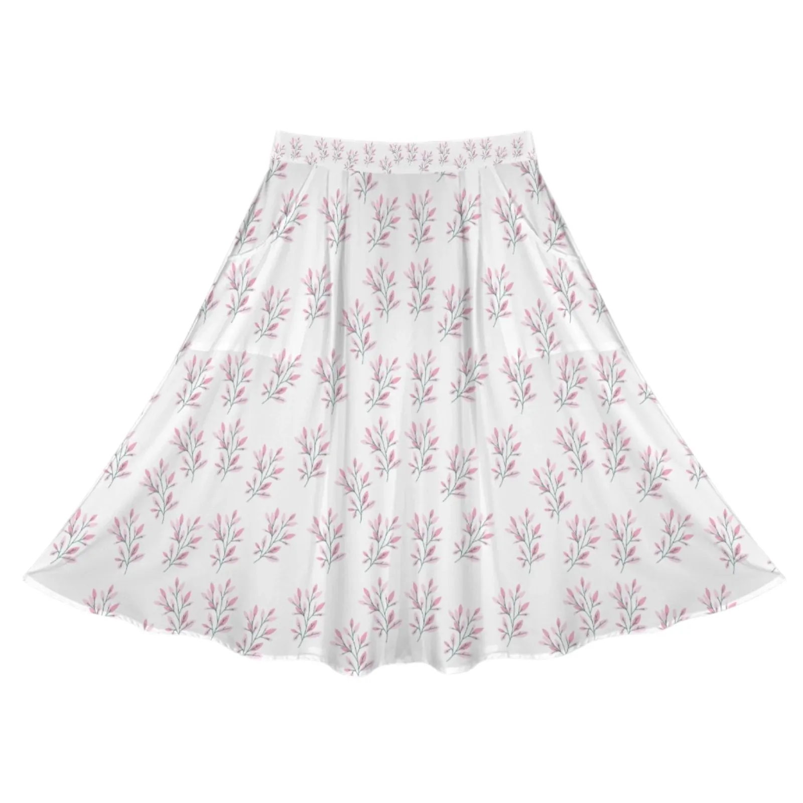 Simple Pink Leaves Mid Length Skirt with Pockets up to 5 XL (FWS)