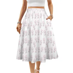 Simple Pink Leaves Mid Length Skirt with Pockets up to 5 XL (FWS)