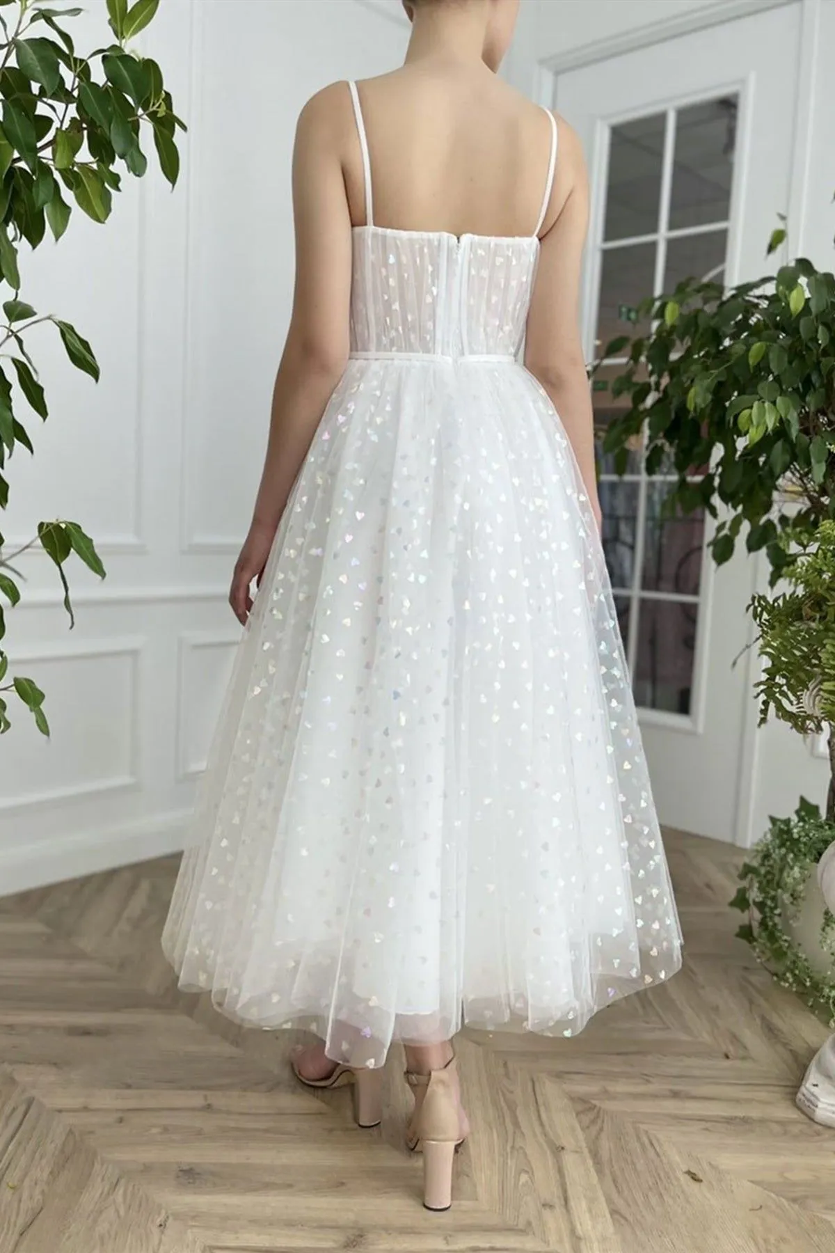 Spaghetti Straps Tea Length Ivory Prom Dresses, Tea Length Evening Dresses YSL3291