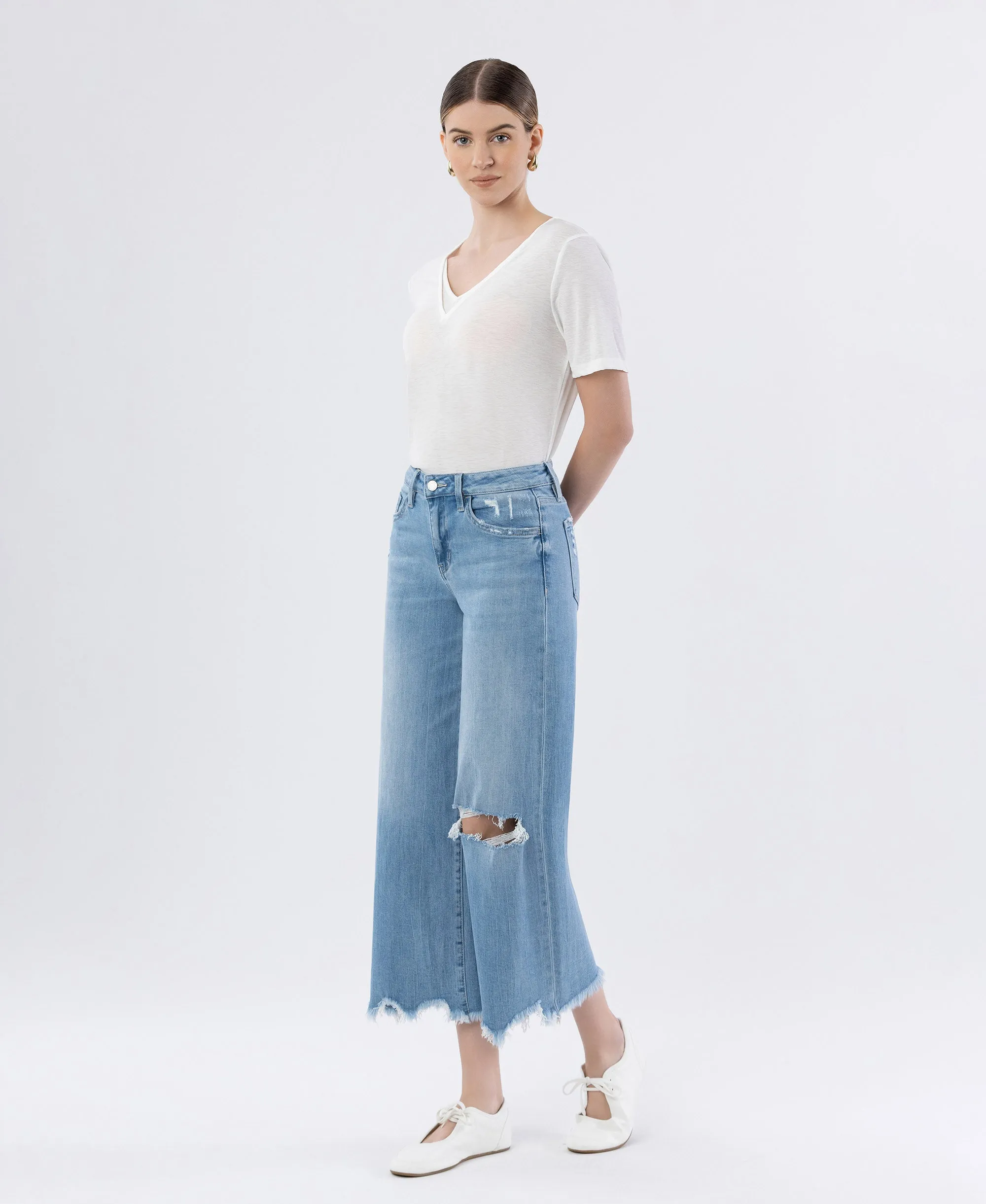 Spellbindingly - High Rise Distressed Crop Wide Leg Jeans