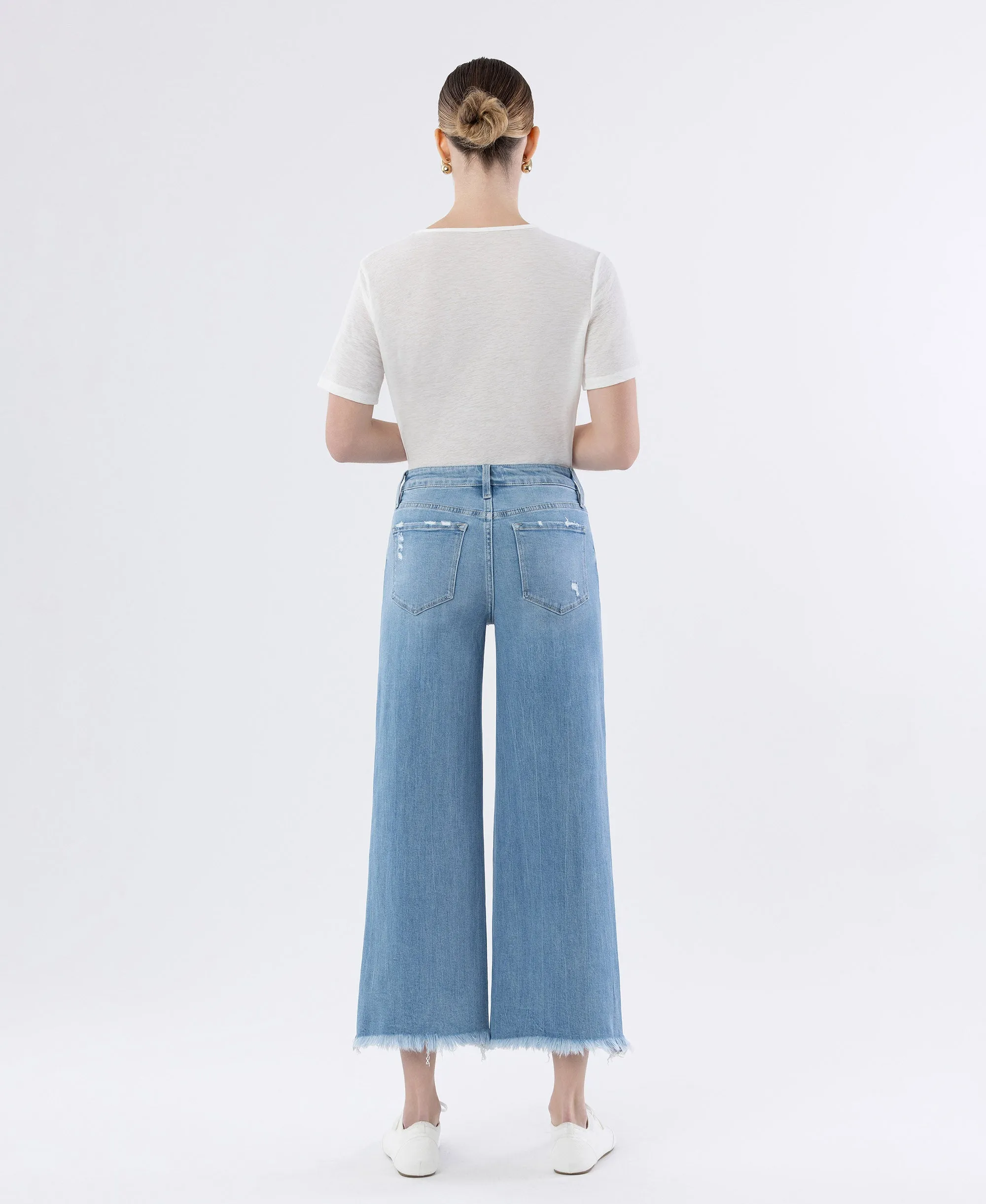 Spellbindingly - High Rise Distressed Crop Wide Leg Jeans