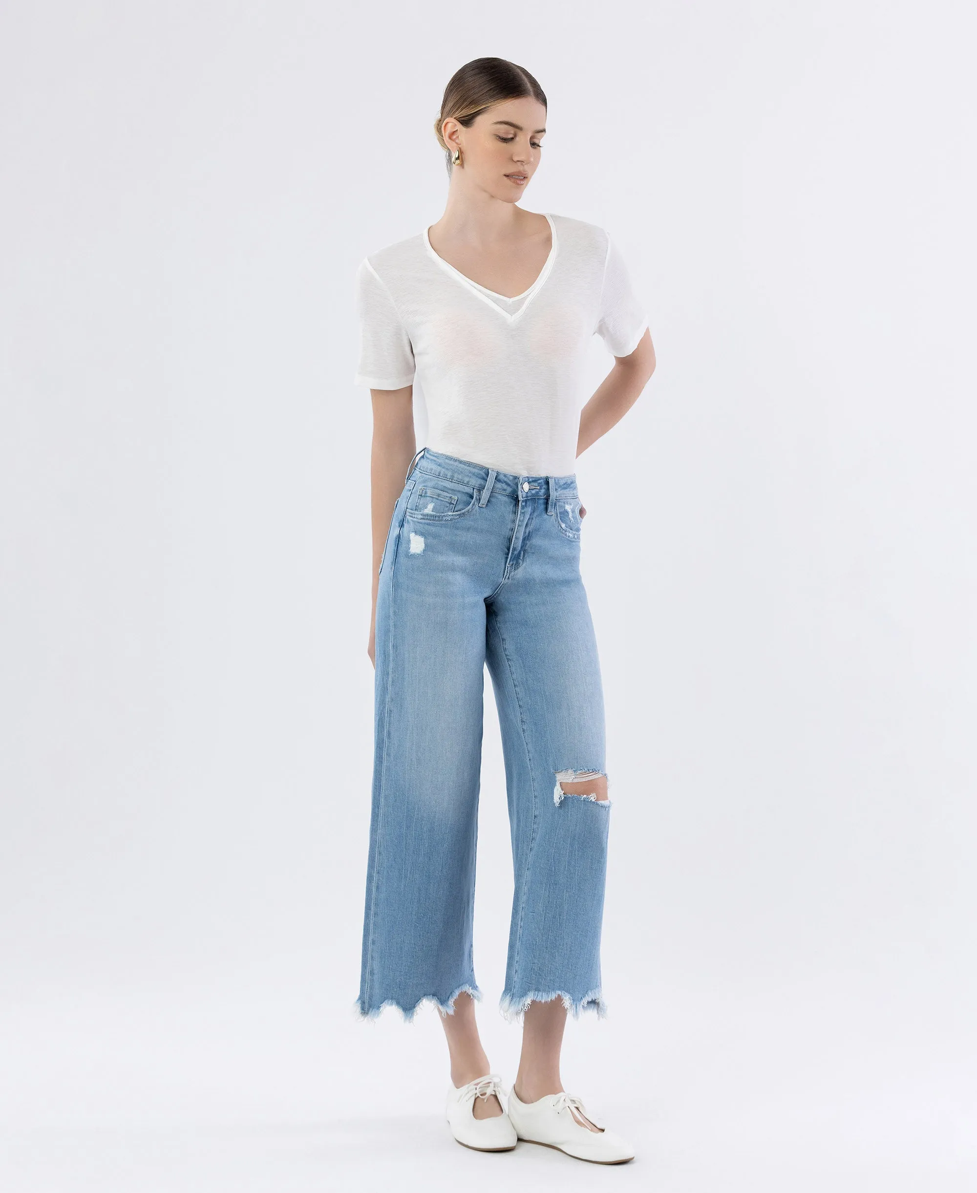 Spellbindingly - High Rise Distressed Crop Wide Leg Jeans