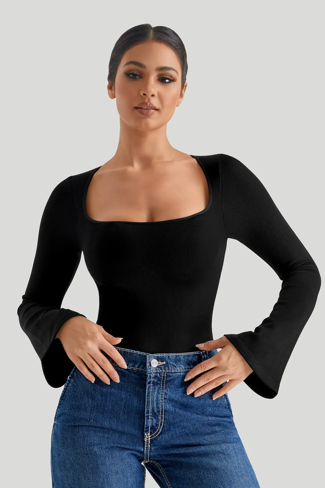 Square Neck Long Bell Sleeve Bodysuit
