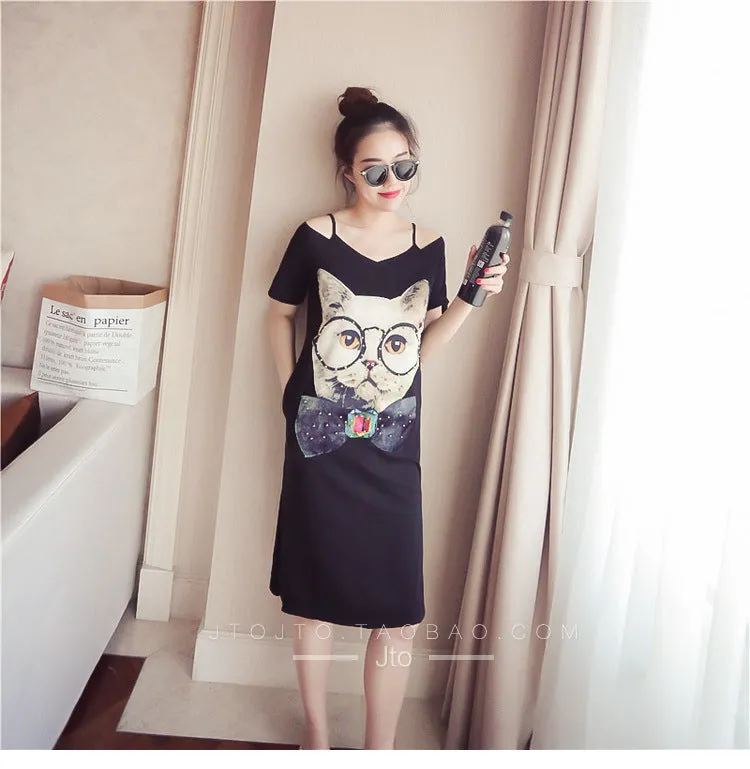 Summer Bare Shoulder Short Sleeve Mid-Length T-Shirt Dress Women Korean Slim Look Printed Strap Dress