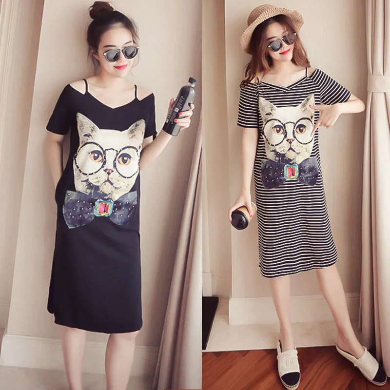 Summer Bare Shoulder Short Sleeve Mid-Length T-Shirt Dress Women Korean Slim Look Printed Strap Dress