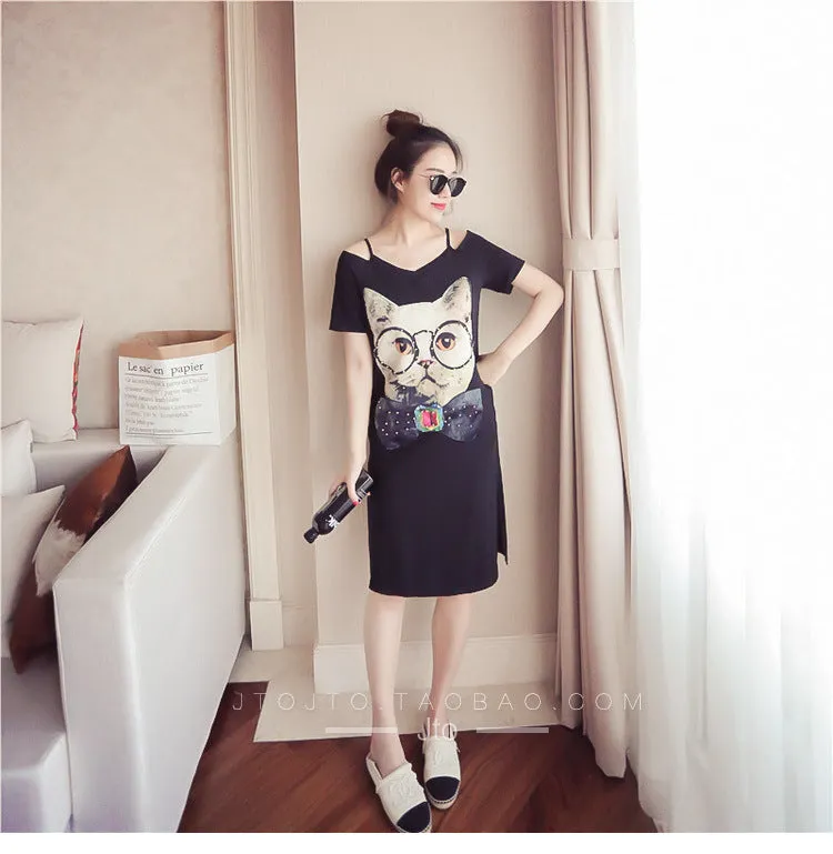 Summer Bare Shoulder Short Sleeve Mid-Length T-Shirt Dress Women Korean Slim Look Printed Strap Dress