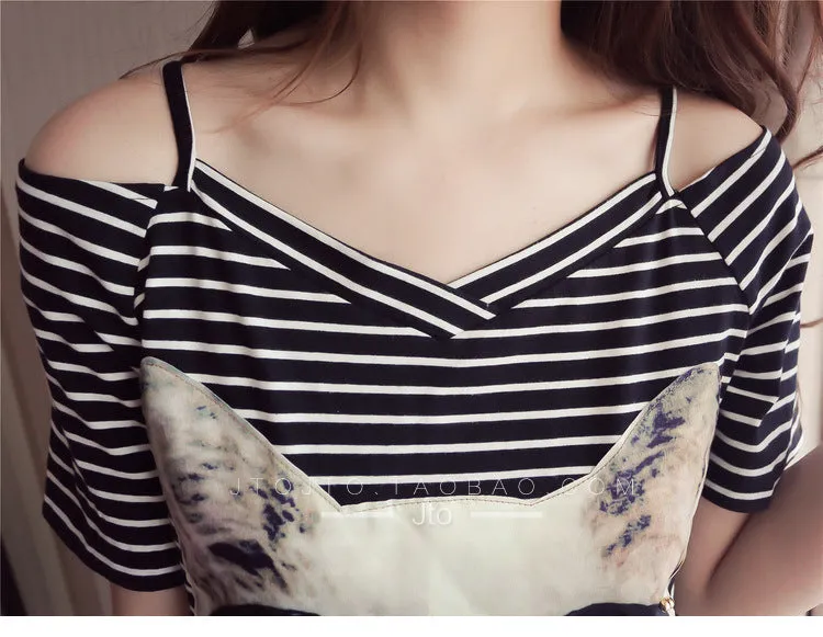 Summer Bare Shoulder Short Sleeve Mid-Length T-Shirt Dress Women Korean Slim Look Printed Strap Dress