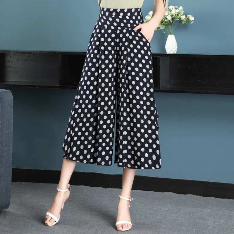 Summer Floral A-Line Skirt Pants Cotton Elderly Wide Leg Women Ankle-Length Mid-Length Pants
