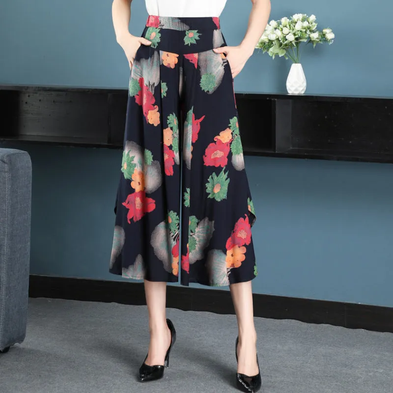 Summer Floral A-Line Skirt Pants Cotton Elderly Wide Leg Women Ankle-Length Mid-Length Pants