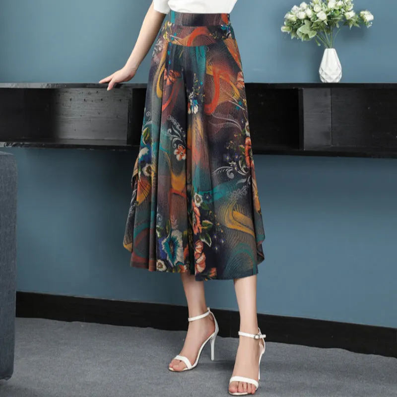Summer Floral A-Line Skirt Pants Cotton Elderly Wide Leg Women Ankle-Length Mid-Length Pants