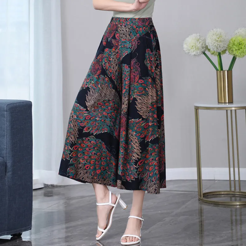 Summer Floral A-Line Skirt Pants Cotton Elderly Wide Leg Women Ankle-Length Mid-Length Pants