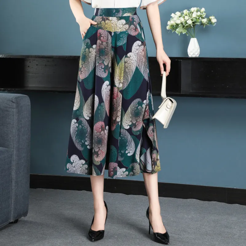 Summer Floral A-Line Skirt Pants Cotton Elderly Wide Leg Women Ankle-Length Mid-Length Pants