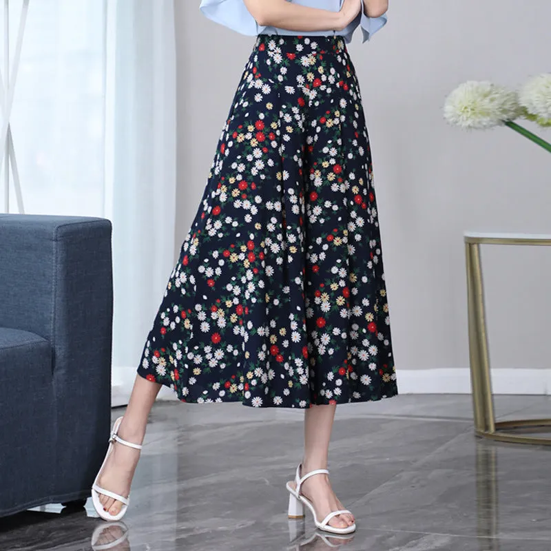 Summer Floral A-Line Skirt Pants Cotton Elderly Wide Leg Women Ankle-Length Mid-Length Pants