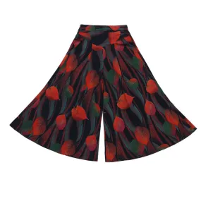 Summer Floral A-Line Skirt Pants Cotton Elderly Wide Leg Women Ankle-Length Mid-Length Pants