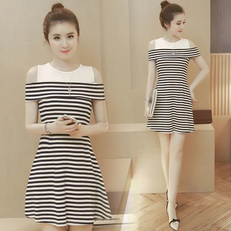 Summer Plus Size Women Slimming Bare Shoulder A-Line Mid-Length Black White Striped Dress