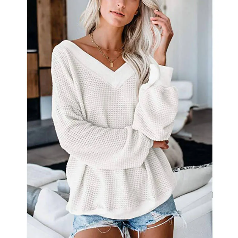 V-Neck Ribbed Pure Color Sweater